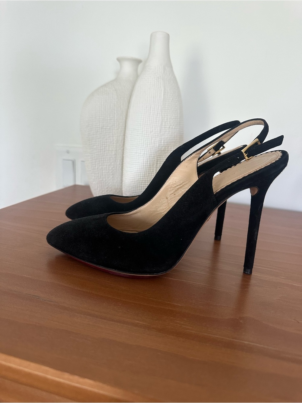 Charlotte Olympia Black Suede Slingback Stiletto Pumps